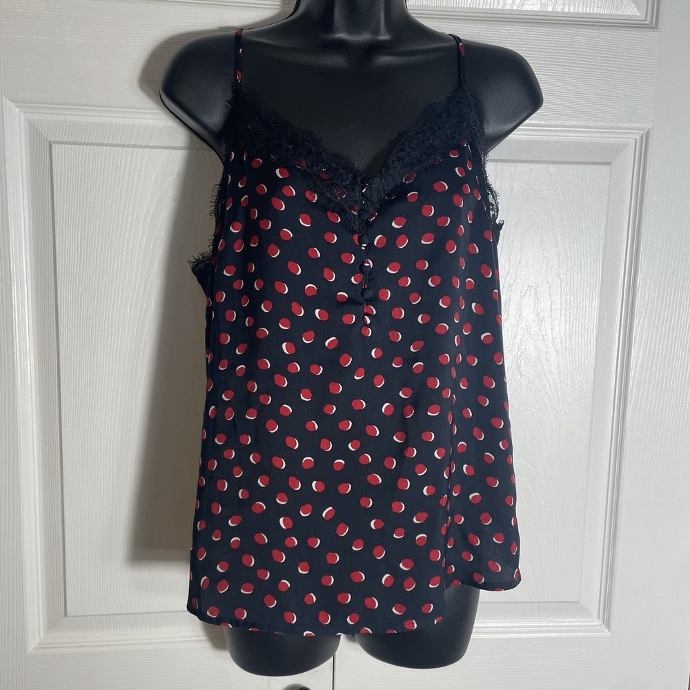 Vintage Kiabi Y2K Lace Trim Camisole Women M Black Red Geometric Henley Tank Top